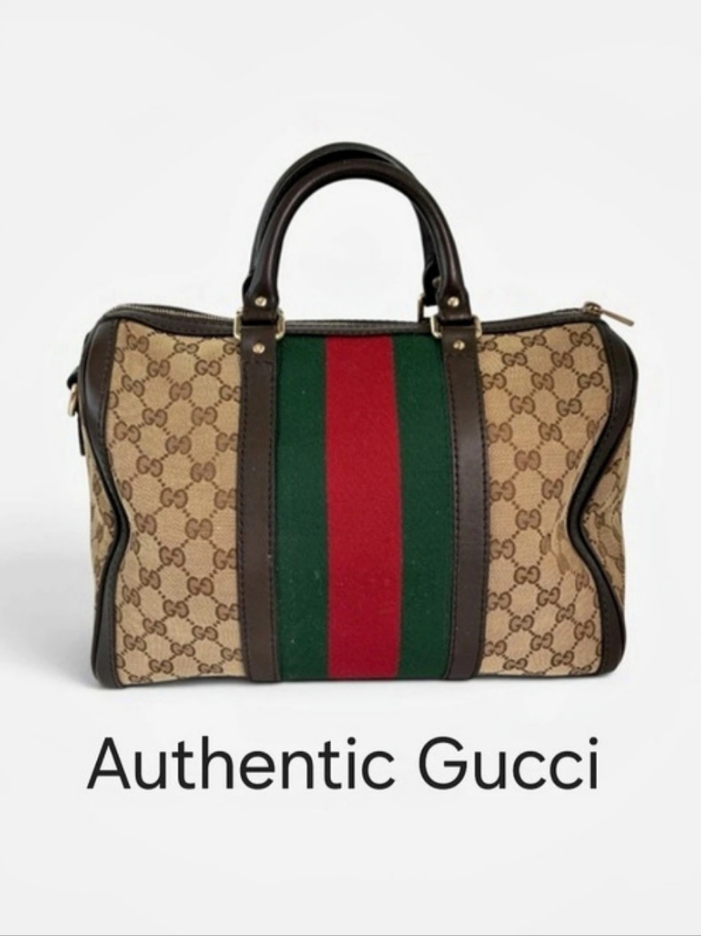 Gucci Vintage Web Boston Bag Satchel Brown & Green